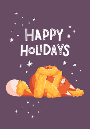 New year greeting card with cute cat tangled in tinsel. Text lettering Happy Holidays.のイラスト素材