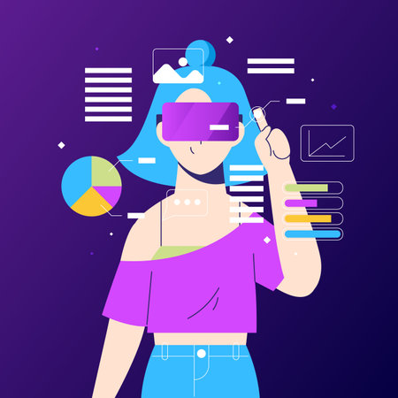 Metaverse digital cyber world technology, Girl holding virtual reality glasses in cyberspace. Modern interface for research and analysis data. cartoon flat vector illustrationのイラスト素材