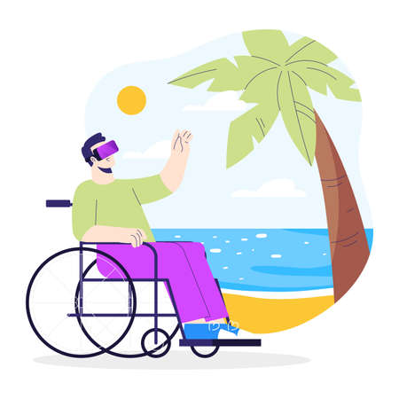 Metaverse digital cyber world technology. Disabled man holding virtual reality glasses in augmented environment with sea view. Modern interface for gaming and explore world. cartoon flat vector illustrationのイラスト素材