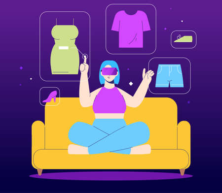 Metaverse digital cyber world technology, Girl holding virtual reality glasses at home. Modern interface for online shopping and set style. cartoon flat vector illustrationのイラスト素材