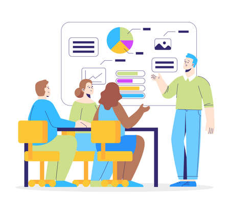 Modern technology concept. People watch presentation on hologram in class. Interface for study and analysis data. cartoon flat vector illustrationのイラスト素材