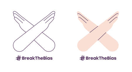 Break The Bias women's day 2022 concept. Poster with 2 pairs of crossed arms and slogan. Raise awareness against prejudice. Take action for equality. flat vector illustrationのイラスト素材