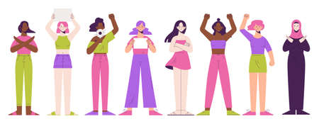 Protest for womens rights concept. Diversity of girls raising voice with megaphone and bannerのイラスト素材