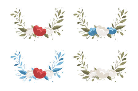 Set of floral wreath. Branch with leaves and flowers. Wedding decoration concept.のイラスト素材