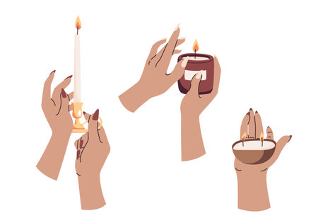 Set of female hands hold burning candles. Candlestick with long candle, candle in jar and in coconut shell. Decor collection.のイラスト素材