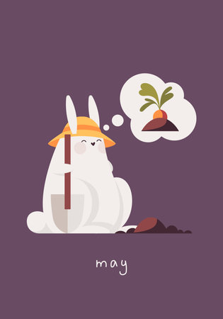 Card with rabbit. Cute bunny digs the ground and dreams of carrots. Garden season, month may.のイラスト素材