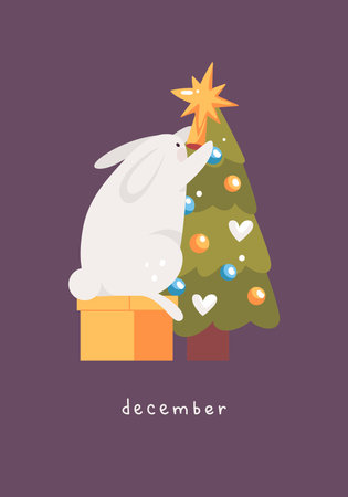 Card with rabbit. Cute the bunny stands on the box with toys and decorates the Christmas tree. Month december, Merry Christmas and Happy New Year 2023.のイラスト素材