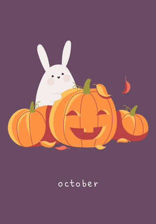 Card with rabbit. Cute bunny and pumpkins. Month october, Happy Halloweenのイラスト素材