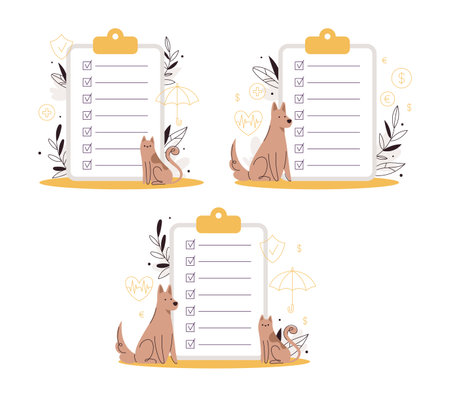 Insurance for pet concept. Set of big clipboard with checklist. Medical coverage for animals' health. Modern flat style illustration isolated on white background.のイラスト素材