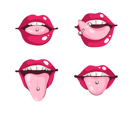 Set of tongue piercing. 4 colorful illustration in flat style isolated on white backgroundのイラスト素材