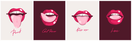 Set of tongue piercing. 4 colorful card with lettering in flat style isolated on white backgroundのイラスト素材