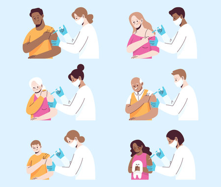 Set of nurses give an injection to different people. Vaccination concept. Flat style illustrationのイラスト素材