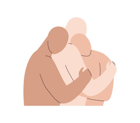 Three abstract characters hug. Polyamory concept. Notions of polygamy, open intimate, romantic and sexual relations, free love. Ethical non monogamy. Vector flat illustration isolated on white backgroundのイラスト素材
