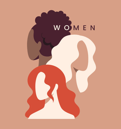 Abstract illustration with 3 different girls. Feminism, international womens day, diversity and girl power concept. Text women.のイラスト素材