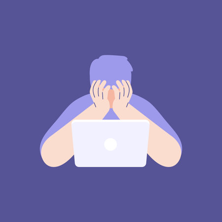 Frustrated sad man with a laptop covered his face with his hands. Sad boy reads or watches bad news. Confused thoughts, anxious, fear, burnout.のイラスト素材