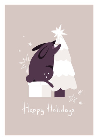 New year greeting card, rabbit decorates the tree, lettering happy holidays. Simple christmas poster. Contemporary artのイラスト素材