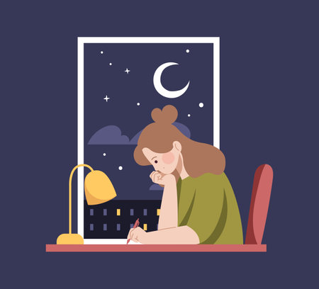 Girl studying at night. Woman working at home. Lo-fi hip hop girlのイラスト素材