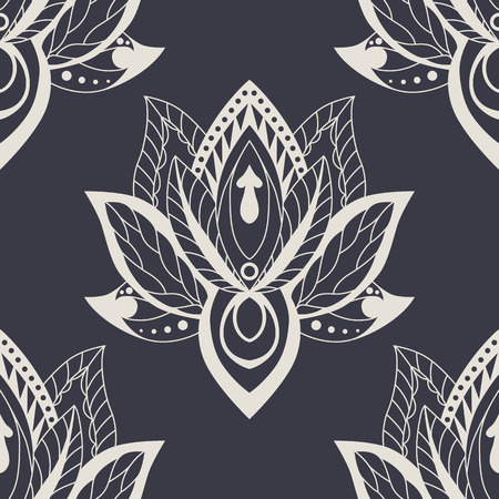 Vector abstract seamless pattern with lotus flowers. Abstract vector background with flowers. Lotus mandala. Vector Indian hand drawn lotus.のイラスト素材