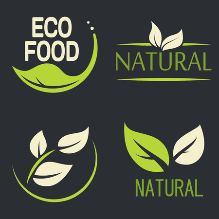 Set of labels, logos with text. Natural, eco food. Organic food badges in vector (cosmetic, food). Vector logos. Natural logos with leaves.のイラスト素材
