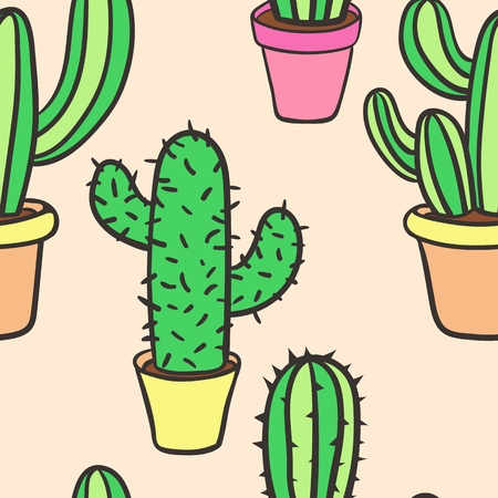 Seamless pattern with cactus. Pattern of cactus. Cacti in pots. Vector background. Cute cartoon cactus pattern.のイラスト素材