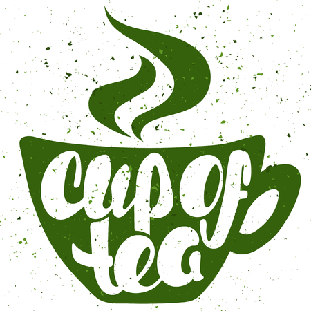 Cup of tea lettering. Hand written Cup of tea poster. Modern hand lettering. On background in the form of a cup of tea. Vector illustrationのイラスト素材