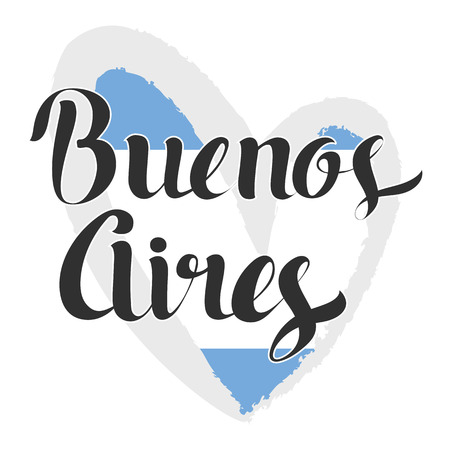 Buenos Aires lettering. Hand written Buenos Aires. Modern hand lettering. Argentina flag in the shape of heart. Vector Illustration. Modern Calligraphyのイラスト素材