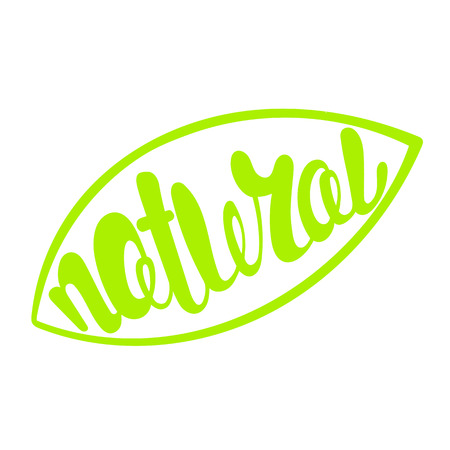 Natural with leaves, natural product, organic, healthy food. Organic food badge in vector (cosmetic, food). Lettering Naturalのイラスト素材