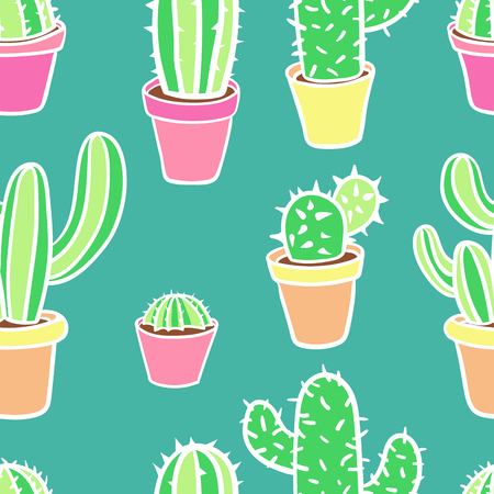 Seamless pattern with cactus. Pattern of cactus. Cacti in pots. Vector background. Cute cartoon cactus pattern.のイラスト素材