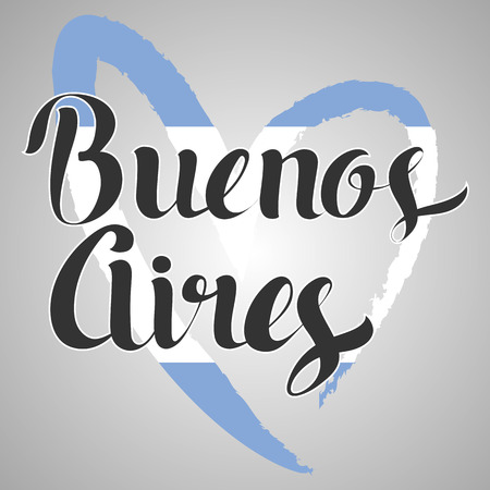 Buenos Aires lettering. Hand written Buenos Aires. Modern hand lettering. Argentina flag in the shape of heart. Vector Illustration. Modern Calligraphyのイラスト素材