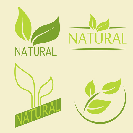 Set of labels, logos with text. Natural, eco food. Organic food badges in vector (cosmetic, food). Vector logos. Natural logos with leaves.のイラスト素材