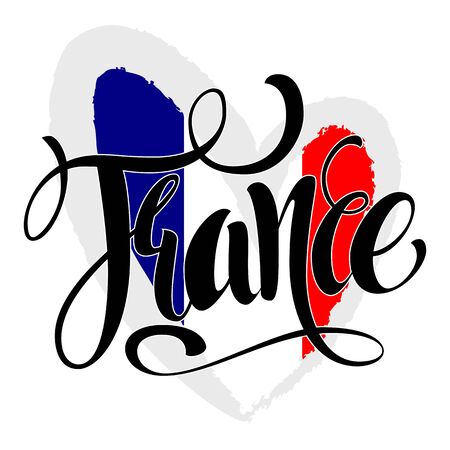 Handwritten France. Calligraphic vector text. Flag of France in the form of heart. Hand written France poster.のイラスト素材