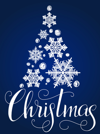 Christmas lettering. Christmas poster with Christmas tree from snowflakes. Modern hand lettering . vector illustrationのイラスト素材