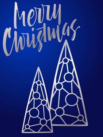 Merry Christmas lettering. Hand written Merry Christmas. Modern hand lettering on a blue background with Christmas tree. vector illustrationのイラスト素材
