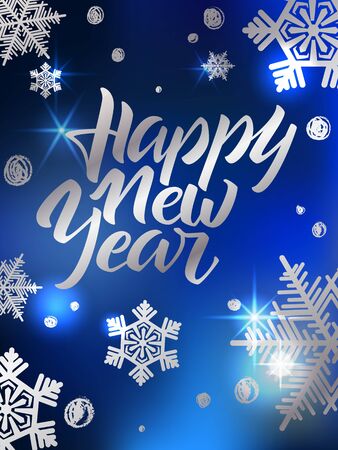 Happy New Year lettering. Hand written Happy New Year poster. Modern hand lettering on a blue sparkling background with silver stars and snowflakes. vector illustrationのイラスト素材