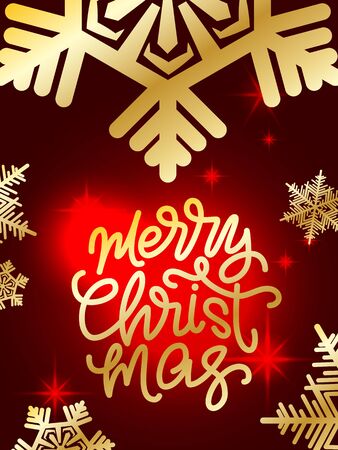 Merry Christmas lettering. Hand written Merry Christmas poster. Modern hand lettering with golden stars and snowflakes. vector illustrationのイラスト素材