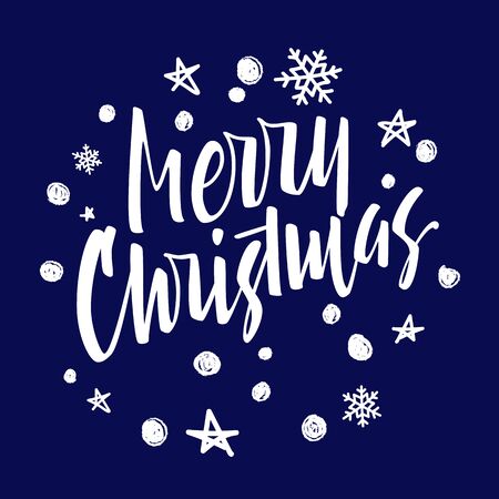 Merry Christmas lettering. Hand written Merry Christmas poster. Modern hand lettering on a blue background with white stars and snowflakes.のイラスト素材