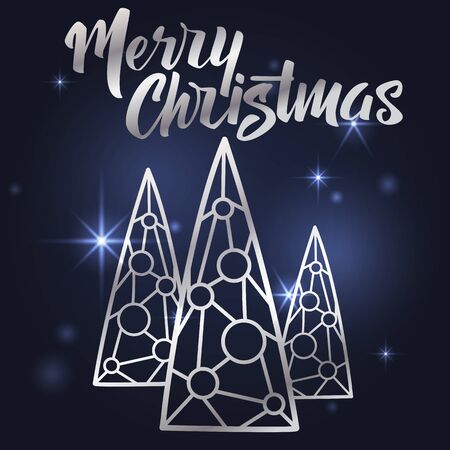 Merry Christmas lettering. Hand written Merry Christmas. Modern hand lettering on a blue background with Christmas tree. vector illustrationのイラスト素材