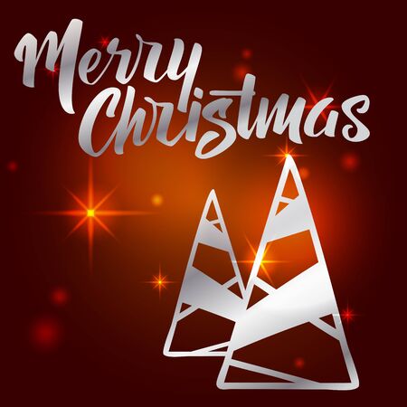 Merry Christmas lettering. Hand written Merry Christmas. Modern hand lettering on a red background with Christmas tree. vector illustrationのイラスト素材