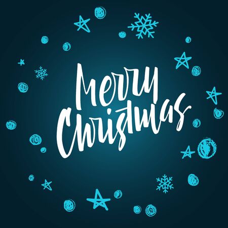 Merry Christmas lettering. Hand written Merry Christmas poster. Modern hand lettering on a turquoise background with blue stars and snowflakes.のイラスト素材