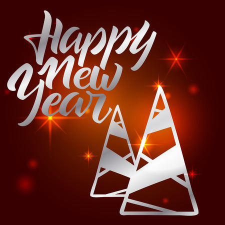 Happy New Year lettering. Hand written Happy New Year poster. Modern hand lettering on a red background with Christmas tree. vector illustrationのイラスト素材
