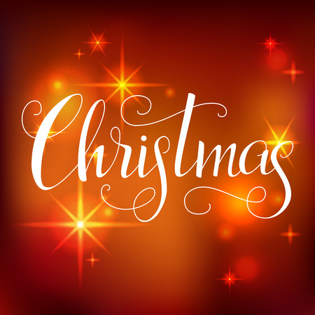Christmas lettering. Hand written Christmas poster. Modern hand lettering on a red sparkling background with stars. vector illustrationのイラスト素材