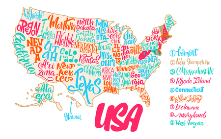 Silhouette of the map of USA with hand-written names of states - Texas, California, Iowa, Hawaii, New York, etc. Handwritten lettering on the background of USA map. Unique vector typography posterのイラスト素材