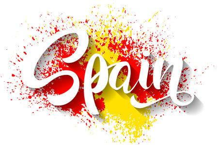 Hand written Spain. Vector lettering. The flag of Spain. Flag of Spain made of colorful splashes. Vector illustrationのイラスト素材