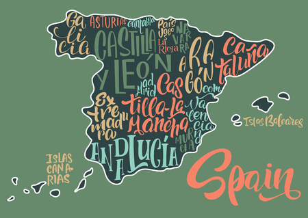 Silhouette of the map of Spain with hand-written names of regions, provinces - Catalonia, Andalusia, Galicia, etc. Handwritten lettering on the background of Spain map. Unique vector typography posterのイラスト素材