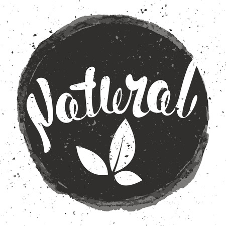 Logo Natural with leaves, natural product, organic, healthy food. Organic food badge in vector (cosmetic, food). Lettering Natural.のイラスト素材