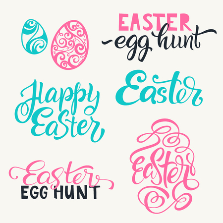 Set of hand written Happy Easter lettering. Calligraphic labels, design elements and eggs for Easter. Vector illustrationのイラスト素材