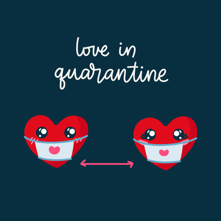 Valentines Day card with lettering "Love is in quarantine".  Heart characters in medical masks. Social distancing. Vector illustrationのイラスト素材