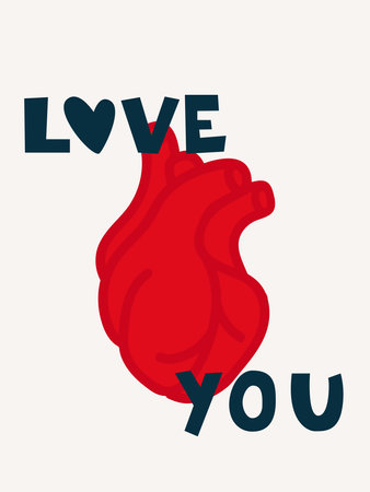 Love you. Valentines day card with realistic heart and lettering "love you". Handwritten text. Vector illustrationのイラスト素材