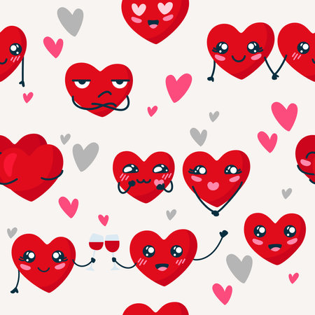 Seamless Valentines day pattern with characters hearts and lettering "Love".  Cute vector illustrationのイラスト素材