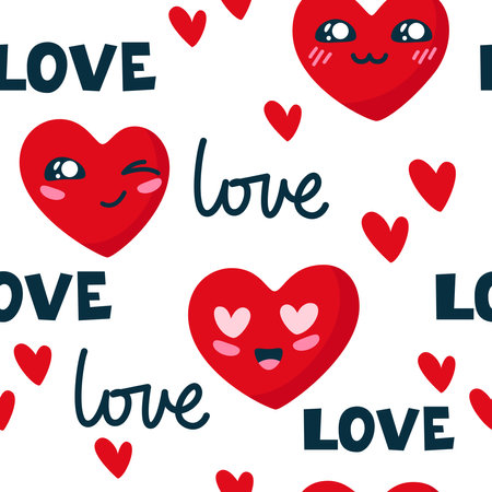 Seamless Valentines day pattern with characters hearts and lettering "Love".  Cute vector illustrationのイラスト素材